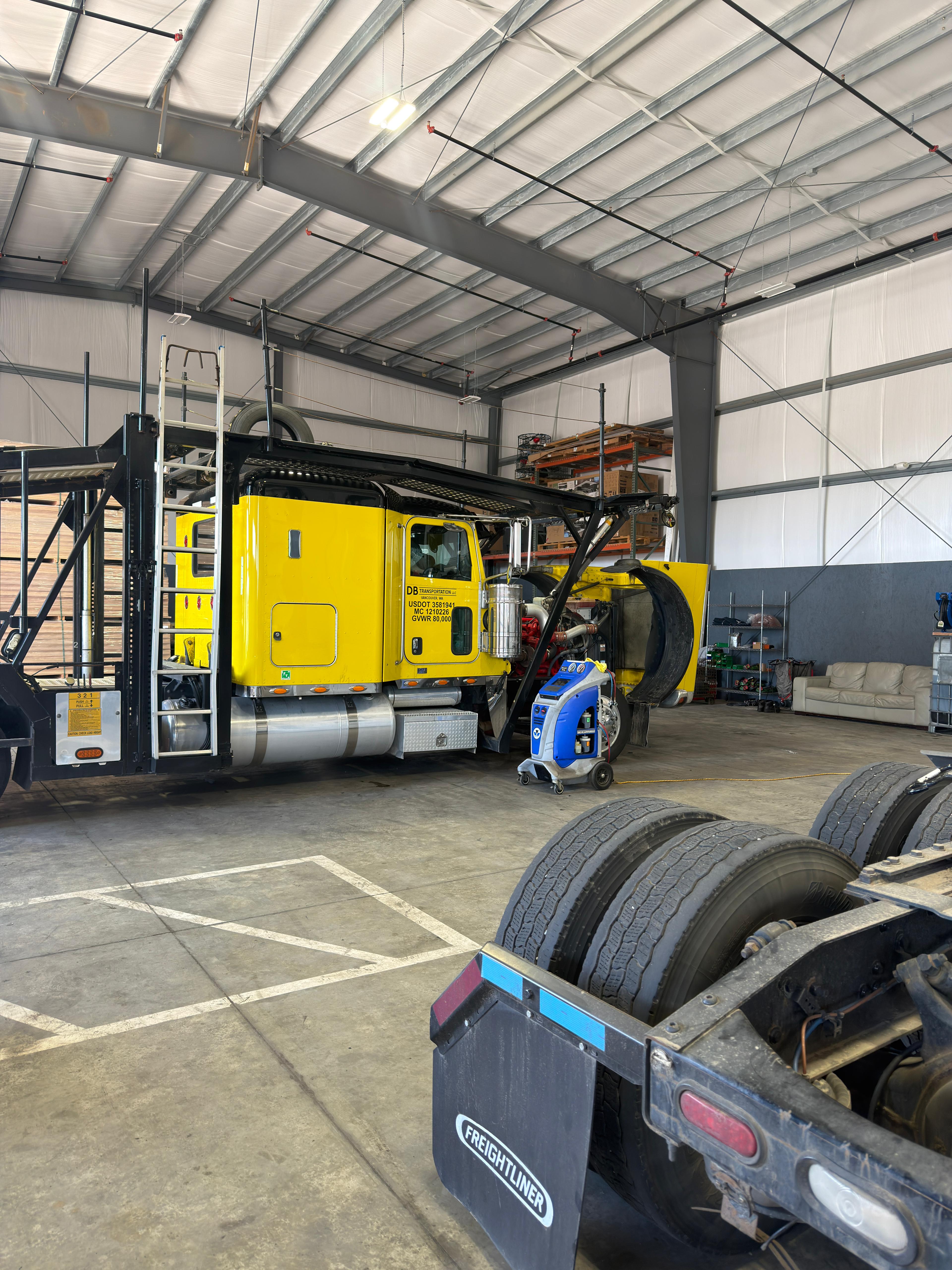 Koval Trucking Repair Bay — truck being serviced